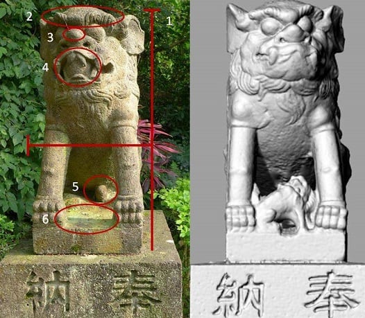 Comparación estatua del perro antigua con escaneo actual