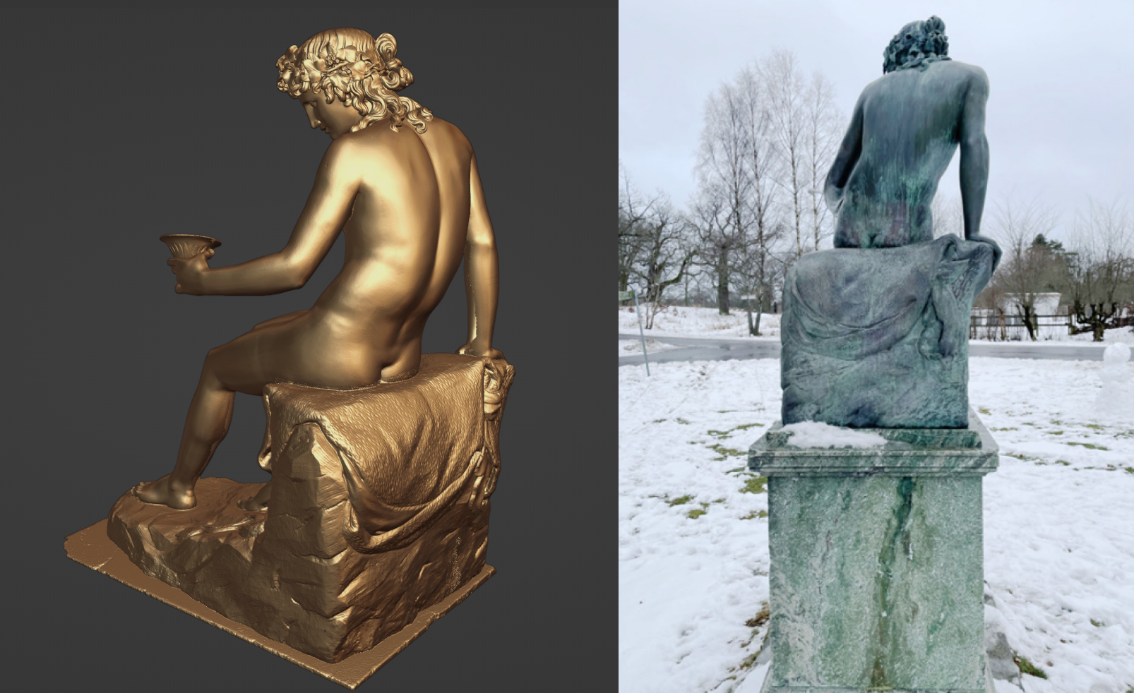 3D scanned result vs. the real-life version of one of the sculptures.