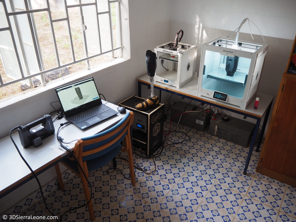 3D Sierra Leone’s 3D printing lab, showing two Ultimaker 3D printers and the EinScan Pro 2X Plus.