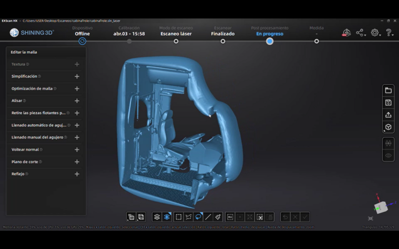 Los datos escaneados en 3D de la cabina