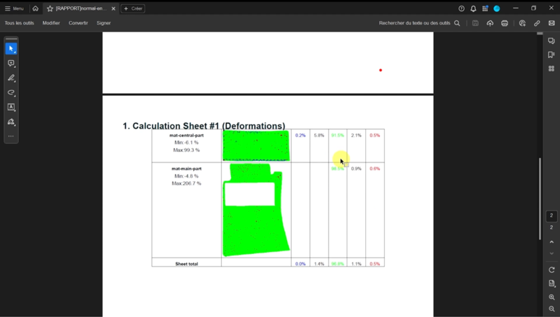 The deformations report shows the 2D patterns fit the foot mat area well.